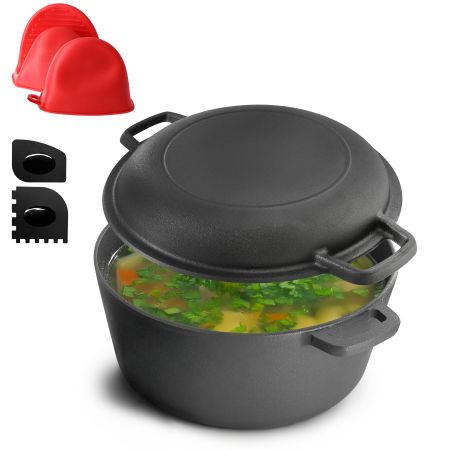 MegaChef 5 Quart Pre-Seasoned 2-in-1 Cast Iron Dutch Oven and Skillet